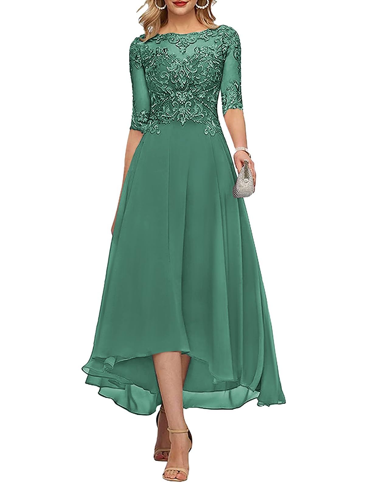 HANVAIOS Mother of The Bride Dress Tea Length Lace Appliqued Long Chiffon Formal Dresses for Women