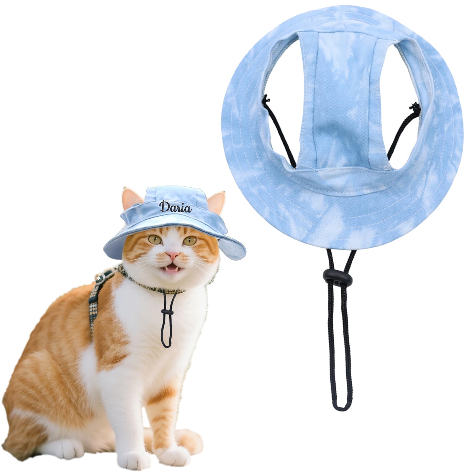 Custom Dog Sun Hat,Personalised Adjustable Ear Pet Hats With Embroidered Name, Round Brim Pets Visor Cap Pet Fisherman Hats for Small Dogs Cat Outdoor Sport (Blue-1, S)