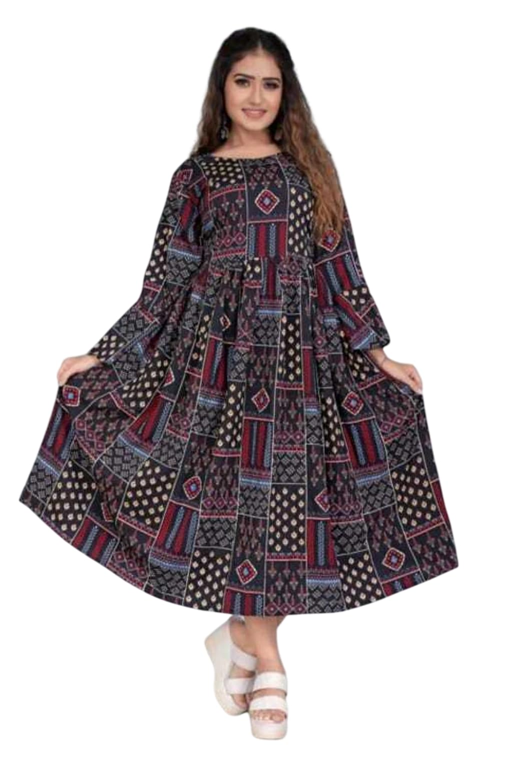 the deal Women Long Midi Dress | A-Line Kurti Gown Full Sleeve Casual Dress Round Neck Loose Fit Party, Festive Stylish Comfortable Cotton Maxi Outfit-picture-30