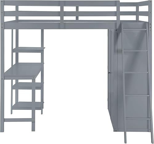 Miniatura 71 de Cama alta funcional tamaño individual con 2 cajones y 2 armarios, base de cama de madera maciza con barandilla de seguridad y escalera de