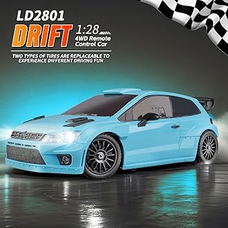 LDRC 2801 1/28 Mini RC Drift Car GTR 2.4GHz 4WD RTR with 4PCS Drift Tires Racing Radio Control Cars (Blue2)