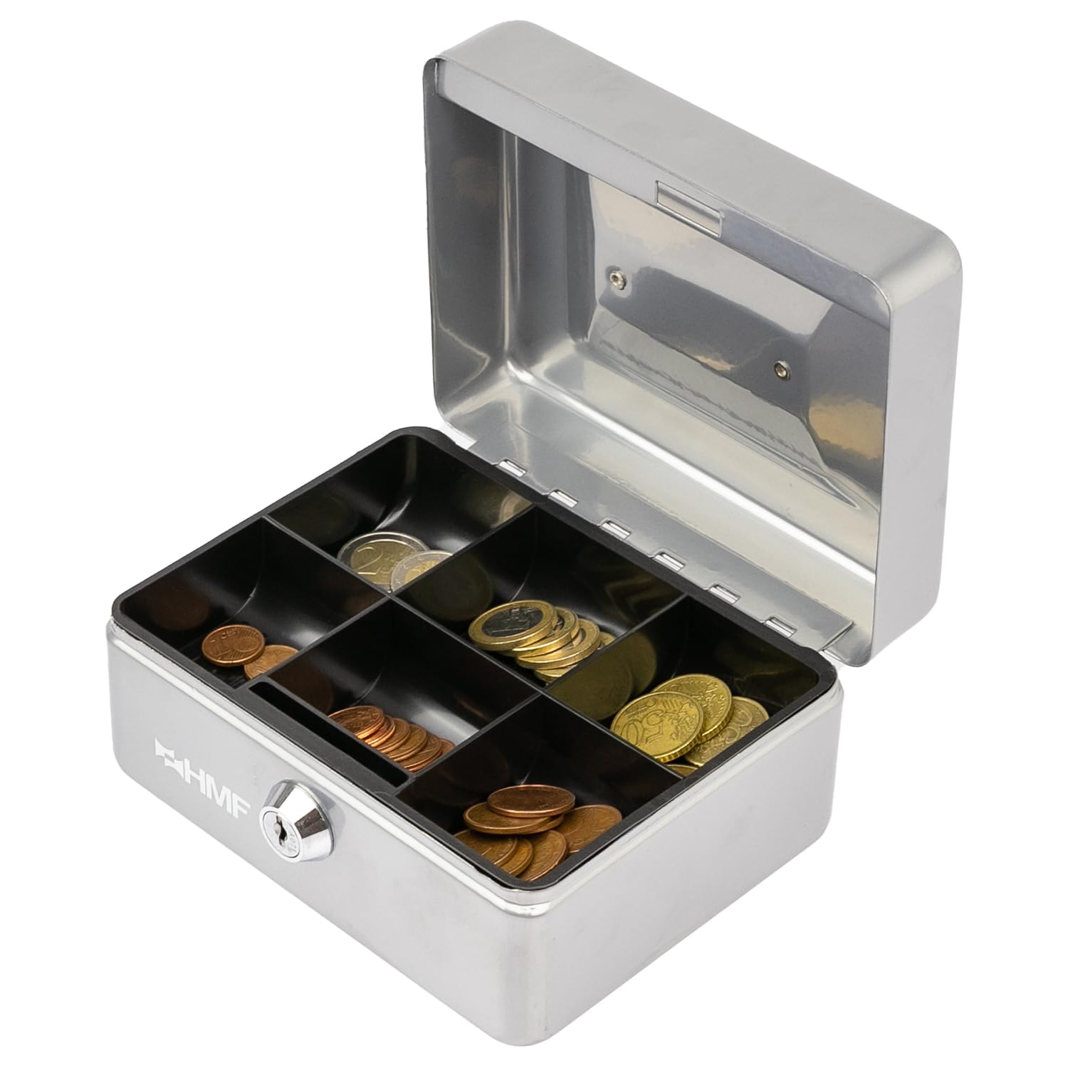 HMF Cassetta portavalori con chiusura a chiave, Cassa con inserto portamonete, 6 scomparti per monete | 15 x 12 x 8 cm | Argento