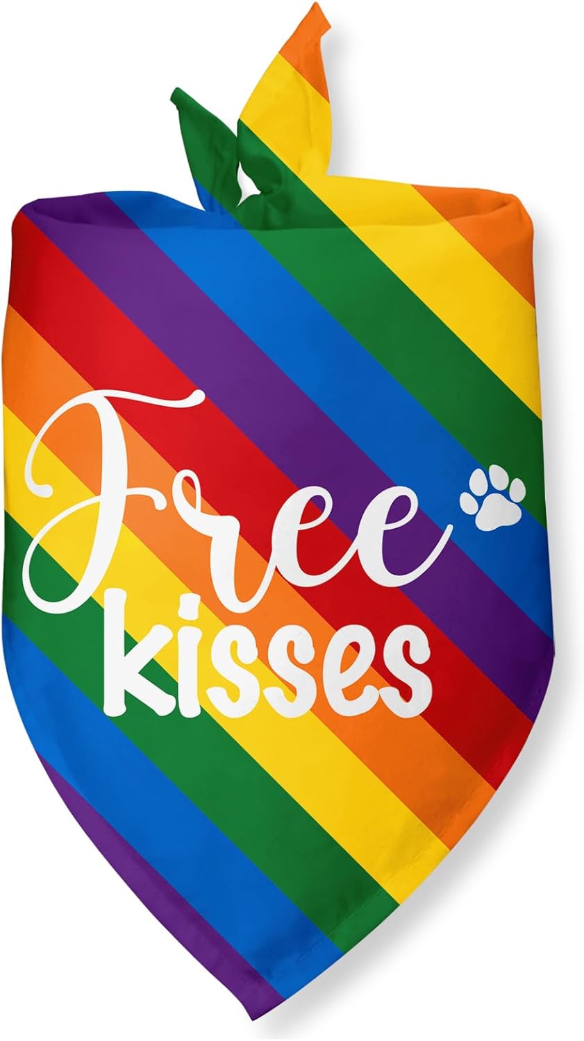 Free Kisses Pride Dog Bandana, Funny Gifts Rainbow Dog Bandanas for Dogs Owners LGBTQ+ Pet Accessories for Pride Month Love is Love Pet Scarf for Small Medium Dogs & Cats