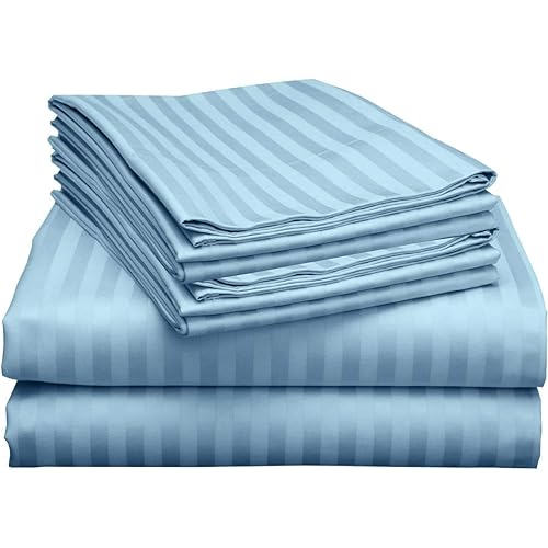 6 Piece Extra Deep Pocket King Size Size Sheet Set 600 Thread Count Egyptian Cotton SheetsKing Size Hotel Luxury Collection 6 PC Light Blue Stirpe Fits Mattress Upto 21'' DEEP Pocket
