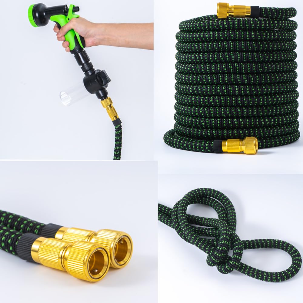 Gartenschlauch flexibel mit Additivflasche, hochdruckpistole für gartenschlauch mit 10 Funktionsdüse, Langlebiger 3-Schicht-Latexkern, Stoff 3750D, with3/4 & 1/2 Steckverbinder (30 m(100ft))