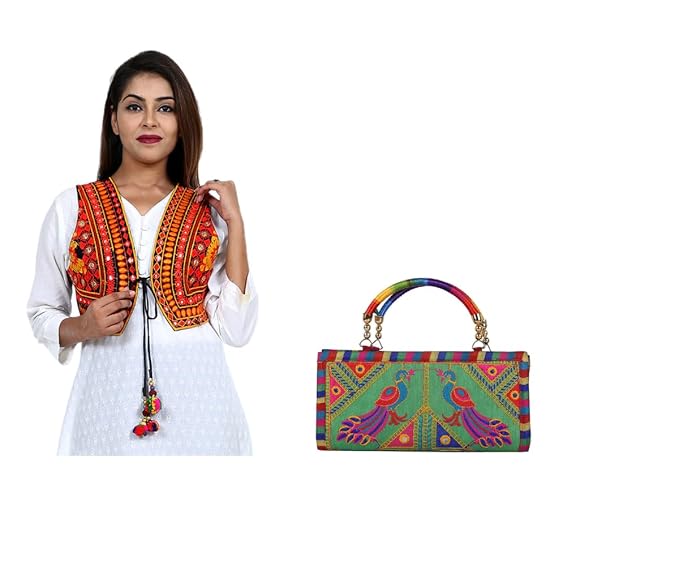 Jacket for Women with Handbag(Free) Half Sleeveless Waist Coat Ethnic Navratri Garba Dandiya Traditional Rajasthani Embroidery Gujrati Koti for Girls - Bust Size 34-38 Inches