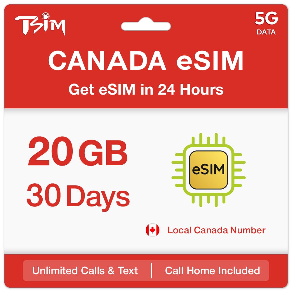 eSIM Canada Pendant 30 Jours | Numéro Local Canada avec appels, SMS et données 5G illimités | Recevez Une eSIM dans Les 24 Heures d'expédition | Partage de Points d'accès autorisés | Appel à Domicile