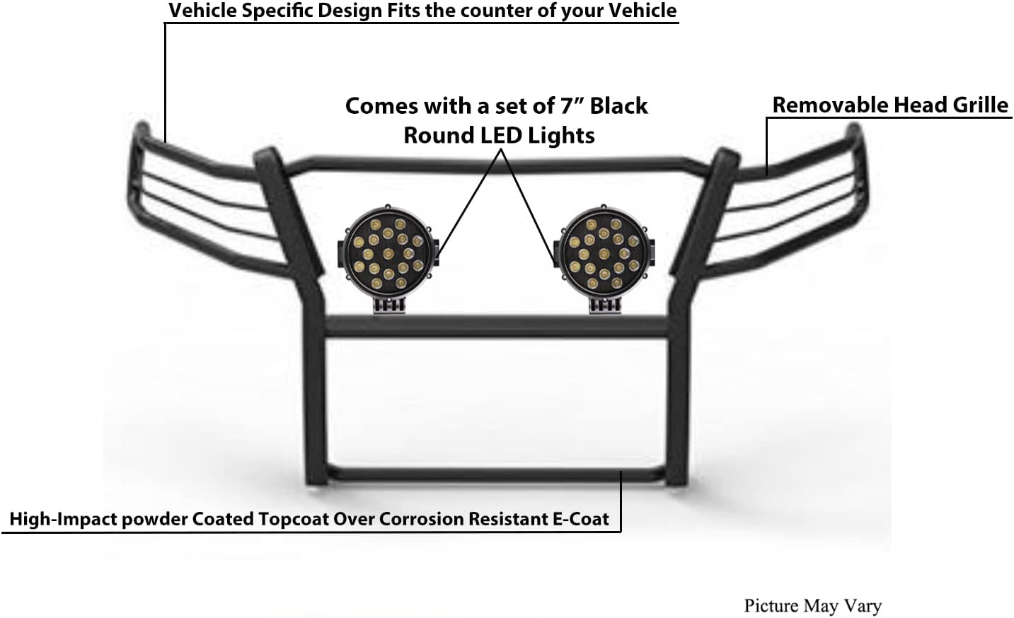 Black Horse Grille Brush Bumper Guard Modular Black Come with Pair of 7.0" Dia.LED Lights with Black Trim Rings Compatible with 2015-2022 Colorado/Canyon(Excludes ZR2 submodel)-17GC15MA-PLB