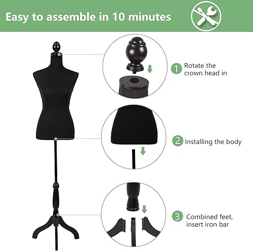 Miniatura 17 de Maniquí femenino, maniquí de torso con soporte de trípode de madera, altura ajustable de 60 a 67 pulgadas, modelo de vestido femenino para coser