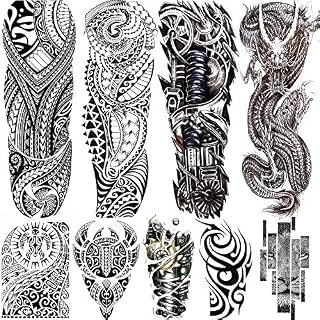 Rejaski 9 Sheets Long Large Black Full Sleeve Temporary Tattoos For Men Women