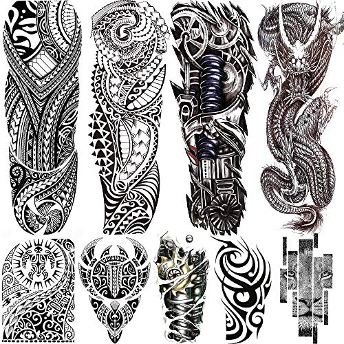 Rejaski 9 Sheets Long Large Black Full Sleeve Temporary Tattoos For Men Women