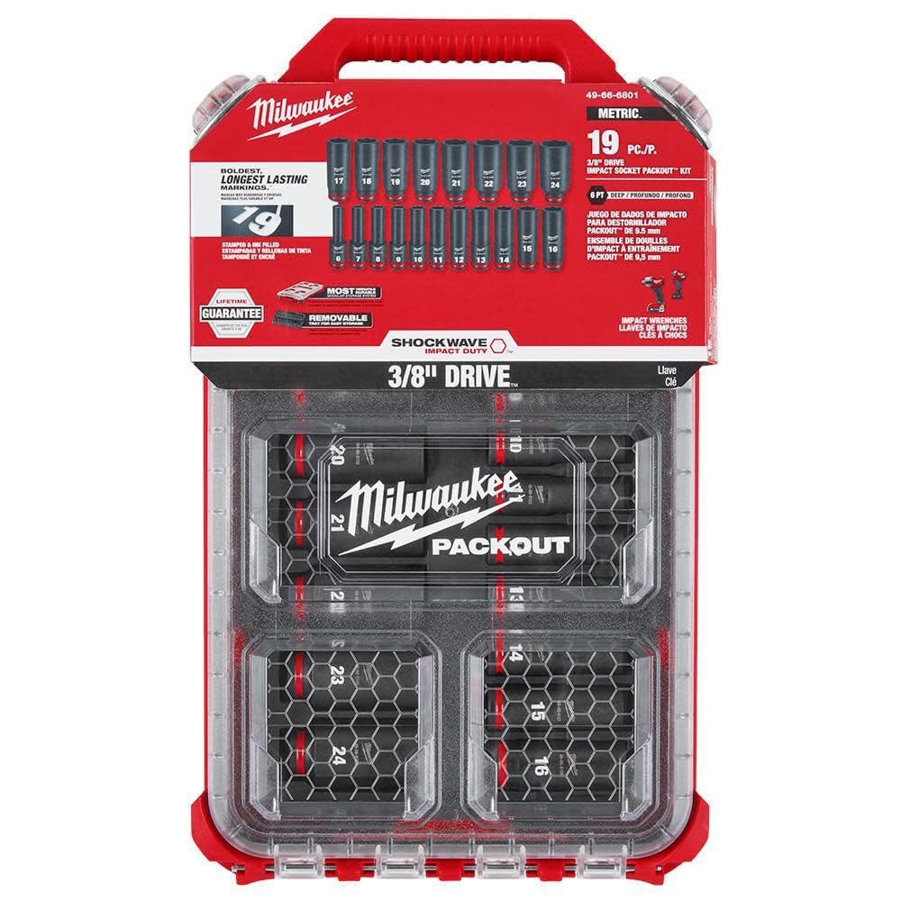 Milwaukee 4932480946 - Set di bussole a Impatto Profondo Shockwave, Attacco 3/8, con contenitori modulari Packout, 19 Pezzi