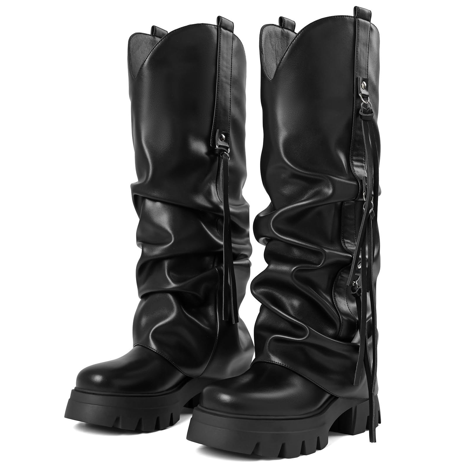 Fold Over Boots For Women Slouchy Platform Wide Calf Knee High Dress Round Toe Chunky Metallic Stacked Glitter
