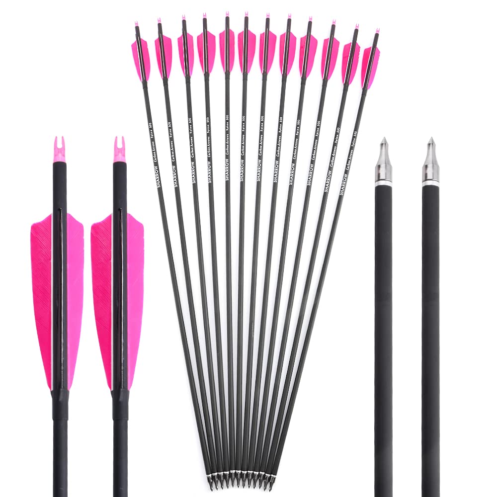 SHARROW 6/12 Pack 30 Inch Archery Carbon Arrows Practice Hunting Arrows Spine 500 with 4 Inch Turkey Feathers 100 Grain Removable Tips for Compound Recurve Bow