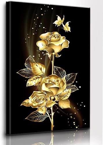 Xiuwon Arte de pared de rosa dorada, póster abstracto de hoja de oro, impresión de árbol de flores, pintura de mariposa sobre rosa, decoración de
