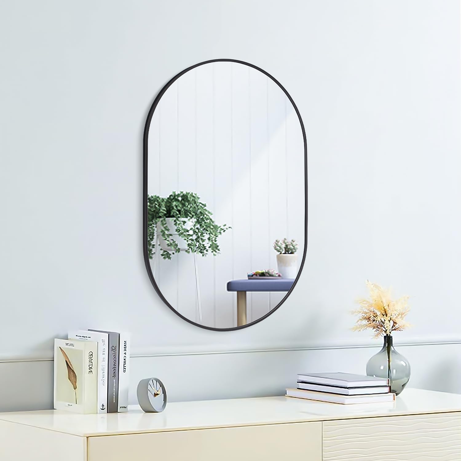 Photo 1 of 24x16 Mirror Runway Oval Wall Mounted Aluminum Alloy Metal Frame Rectangle Mirrors for Entryway Bedroom Bathroom Living Room 24 16 inch Black Black 24x16