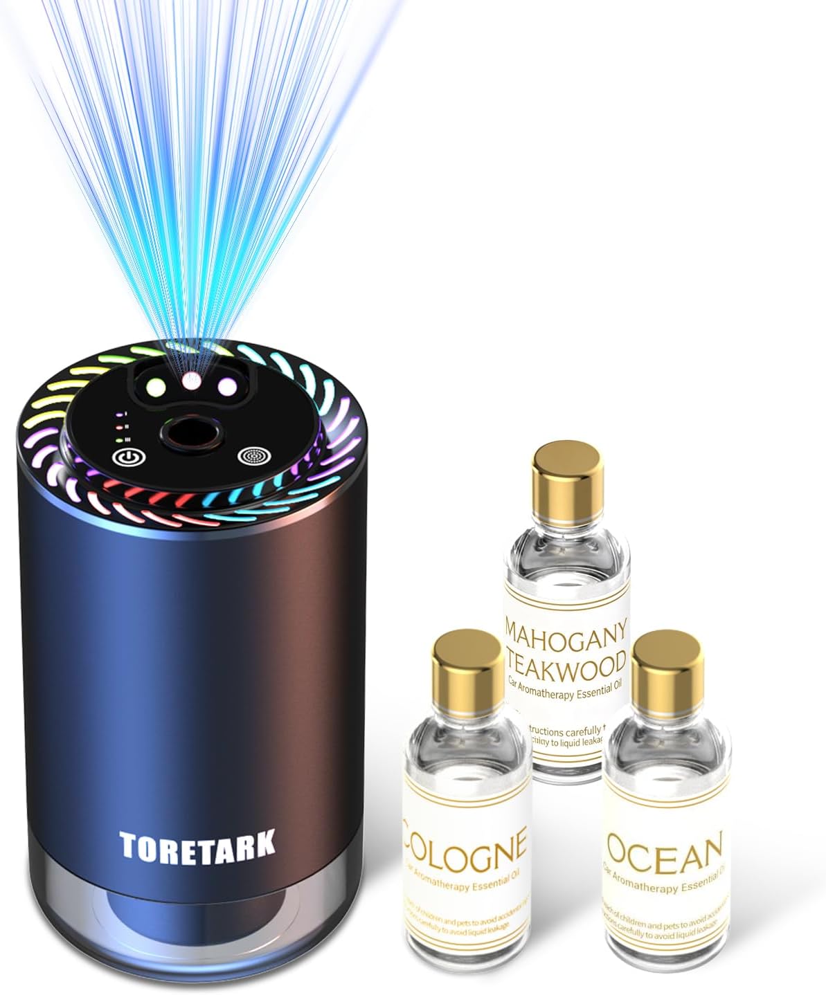 Smart Car Air Freshener with Star Light + Diffuser Oil Refills(3 Total Oil Bottles: Included 100ml + 1-Pack 50ml) - Cologne & Ocean & Mahogany Teakwood Scents, Auto On/Off
