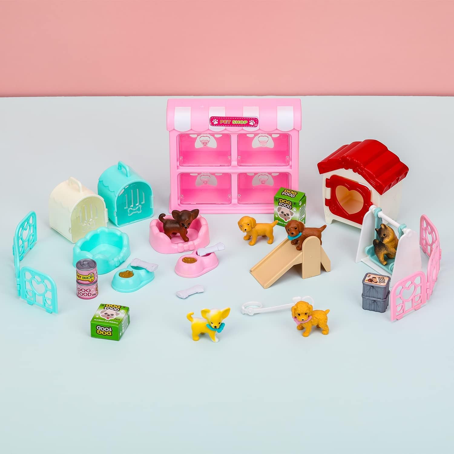 27 Pezzi Mini Figurine di Cani, Cane in Miniatura Figurine di Cuccioli Realistici, Accessori Casa delle Bambole in Miniatura Canile Altalena Miniatura Scivolo per Micro Decorazione Paesaggistica