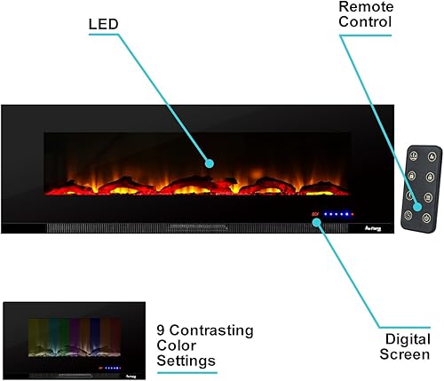 Miniatura 2 de Livingston - Estufa eléctrica LED 3D de montaje en pared de 60 pulgadas con temporizador y control remoto, efecto de registro y fuego 3D