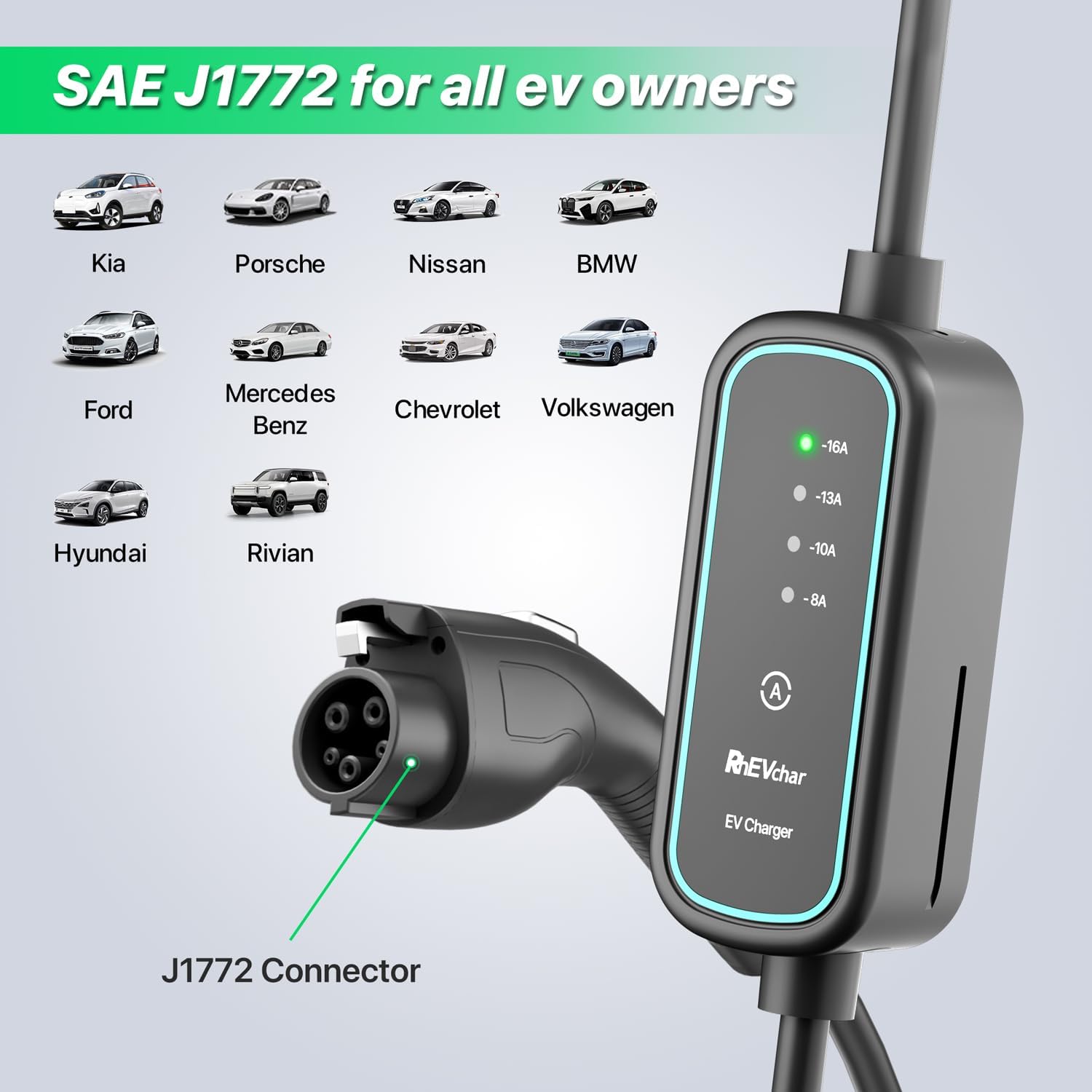 Level 1 EV Charger 16A Mobile Electric Car Charger with J1772 Connector, NEMA 6-20 Plug and 5-15 Adapter, 25FT Cable, 120V/240V 8-16A Adjustable Vehicle Charging Station for All EVs