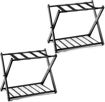 S AFSTAR Folding Luggage Rack with Shoe Shelf, Metal Suitcase Stand, Portable Baggage Holder for Bedroom, Hotel, Guest Room, Black Set of 2