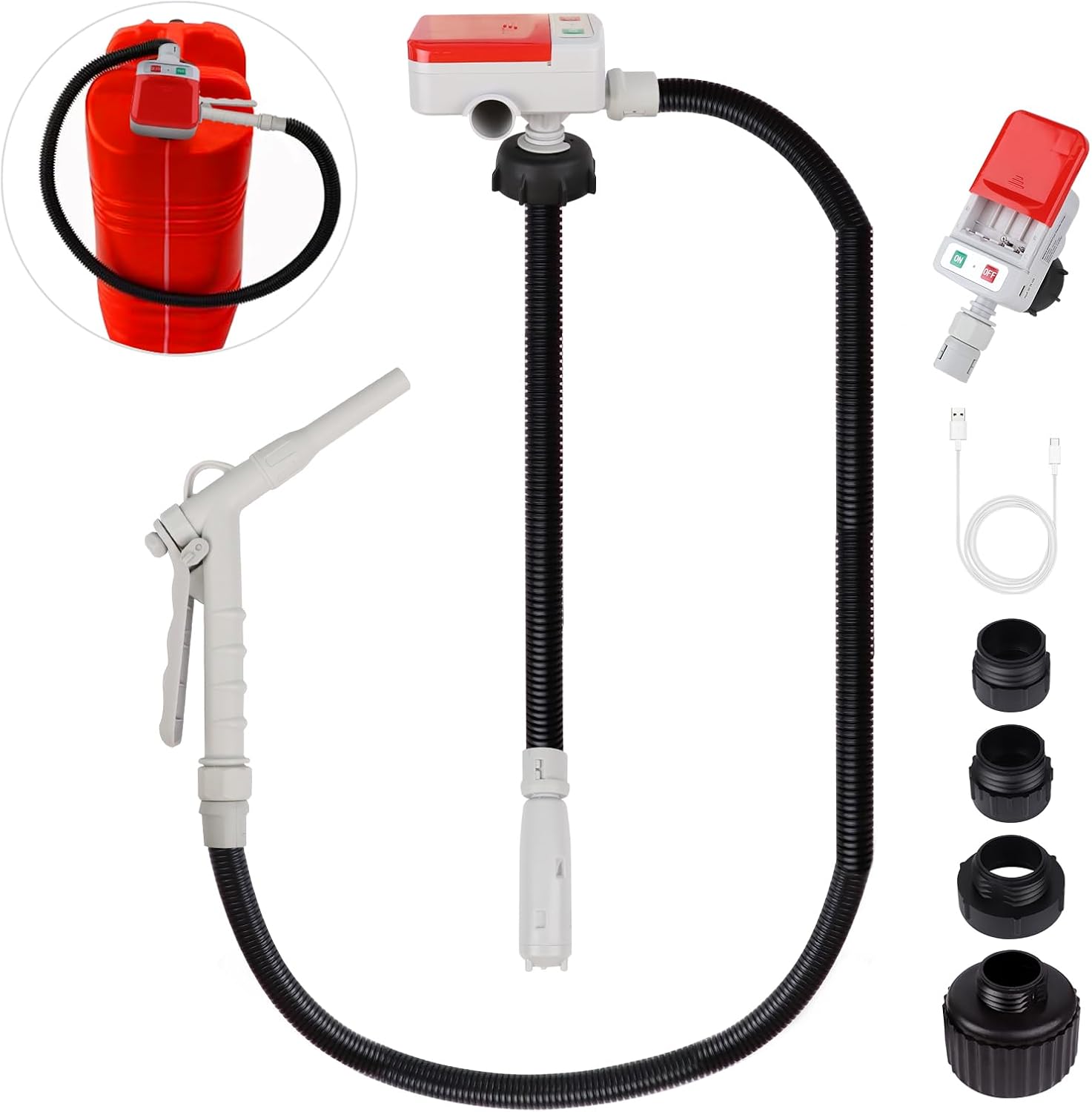 Fuel Transfer Pump (3.2GPM) with Hand Nozzle for Quick Stop Flow Control, 51" Hose Automatic Gas Pump with 4 Gas Can Fittings, USB and Battery Powered Portable Siphon Pump for Oil, Gasoline, Diesel Hand Trigger Nozzle