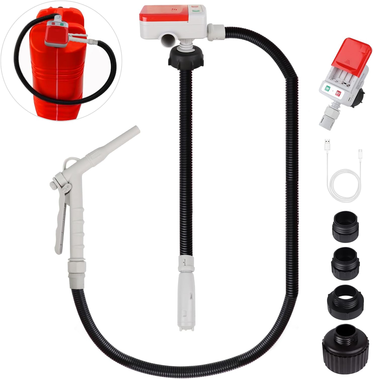'Fuel Transfer Pump (3.2GPM), 51'' Hose Automatic Gas Pump Transfer with 4 Gas Can/Racing Can Fittings, USB and Battery Powered Portable Liquid Pump for Oil, Gasoline, Diesel'