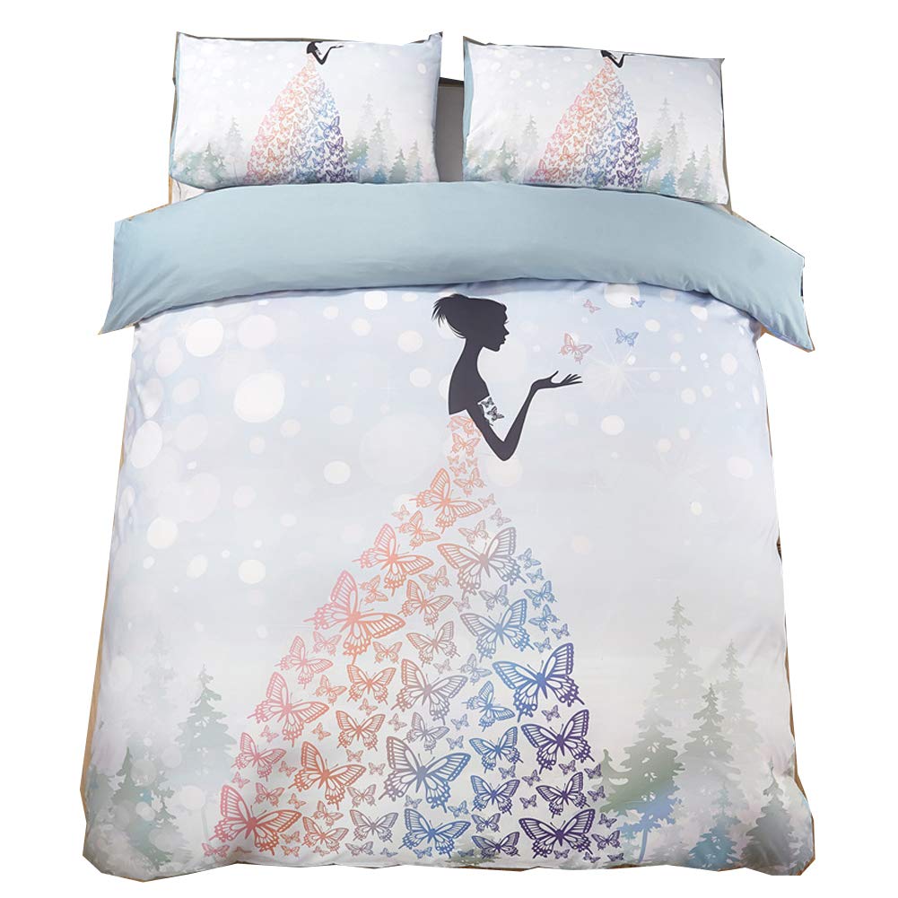 Housse de couette 2 personnes DOTBUY 200x200cm motif fille papillon avec 2 taies d'oreiller