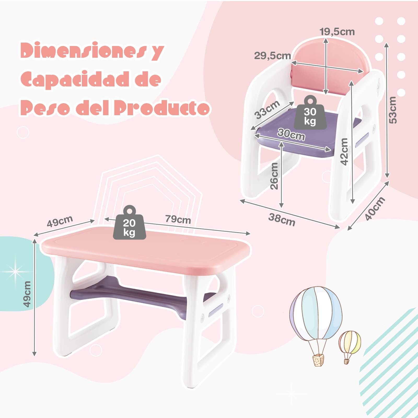 COSTWAY Juego de Mesa y Sillas para Niños, Juego de Escritorio Infantil para Leer, Dibujar, Escribir, Juego de Mesapara Interior con Estante de Almacenaje para Niños de 1 a 5 Años (Rosa y Morado)