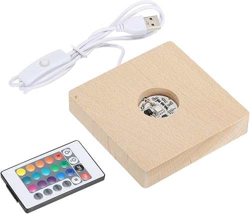 MECCANIXITY Soporte de bola de madera LED muestra la base 3.9x3.9x0.8 in luz colorida cuadrada Control remoto USB interruptor para bola de cristal