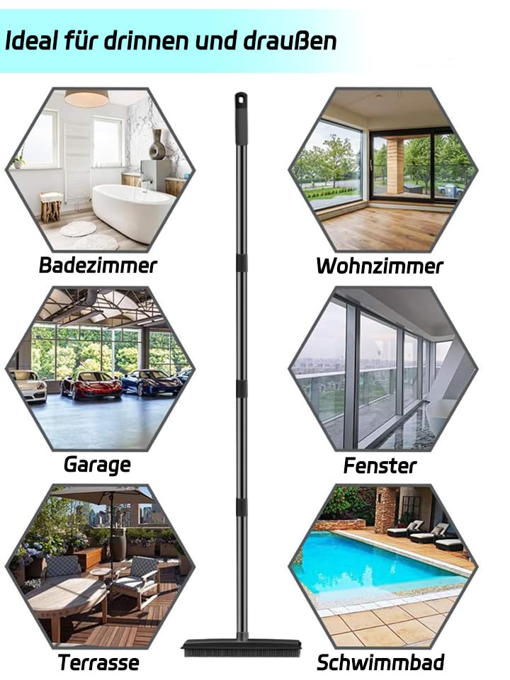 2 in 1 Gummibesen mit Stiel, 156cm Langen Stiel Besen zum Entfernen von Tiere Katzen Hunde Haare Teppichbürste Bodenbürste Kehrbesen für Innen- und Außenbereich Schrubbe (Schwarze Fellentfernung) – Bild 8