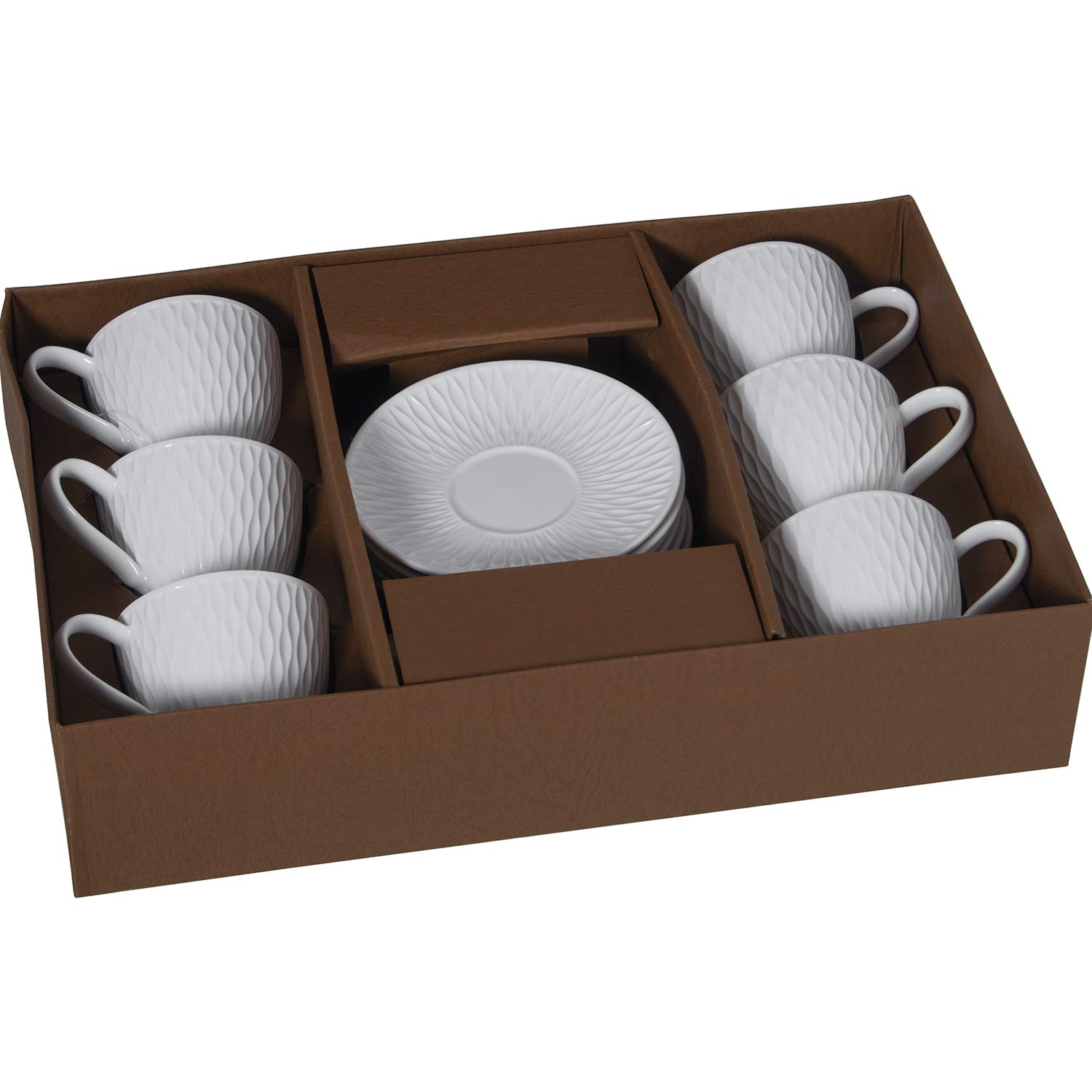 Set de 6 Tazas de té con Plato de Porcelana y con Caja de Regalo en Blanco 10,5x8cm, Plato 6,5cm