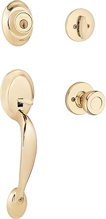 Kwikset Dakota Front Door Lock Handle and Deadbolt Set, Entry Handleset Exterior with Interior Door Knob, Polished Brass, Pick Resistant SmartKey Rekey Deadbolt Security