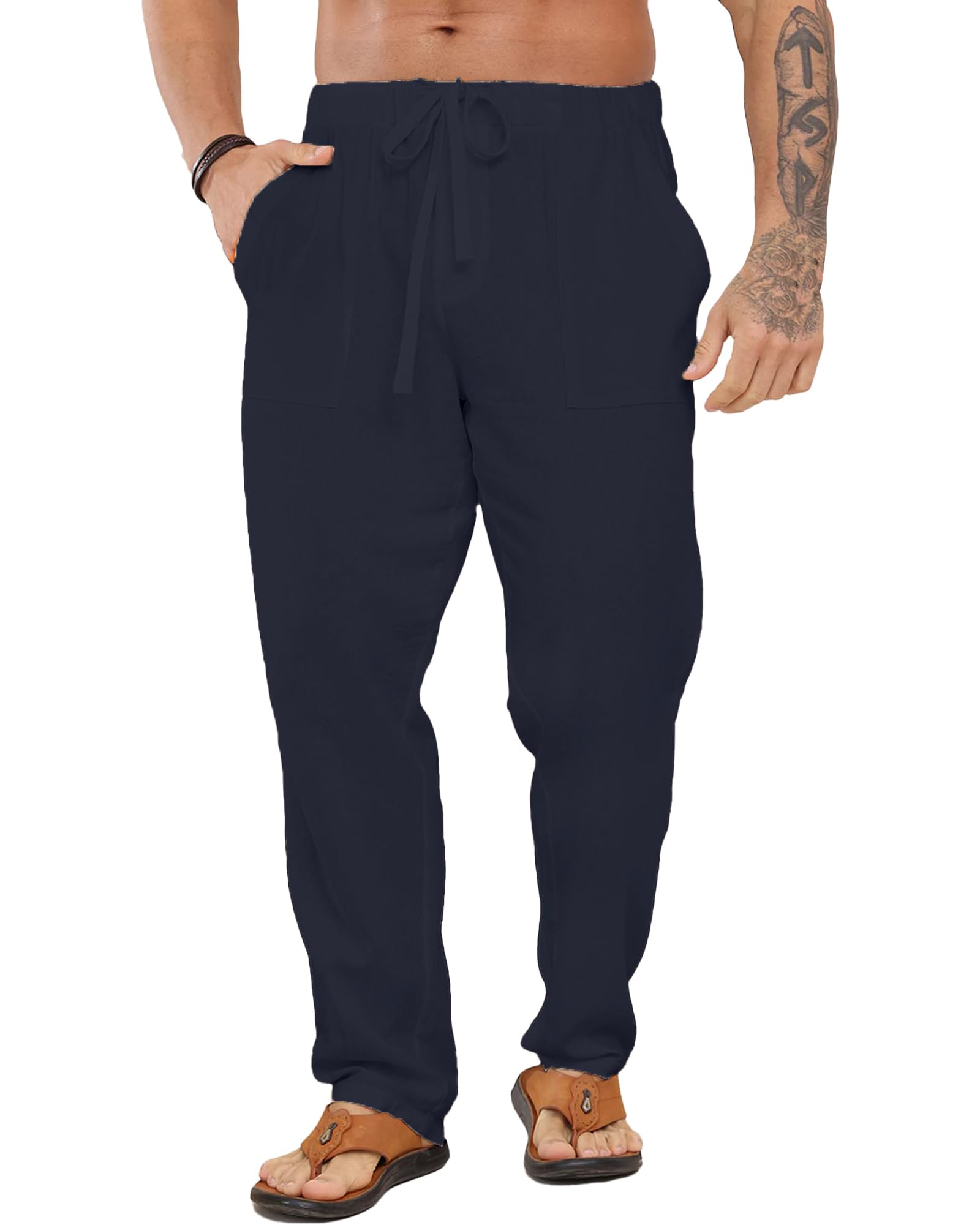 LVCBL Pantalon Homme Lin Et Coton Décontracté Pantalon Toile Été Yoga Homme Léger Taille Elastique M-3XL