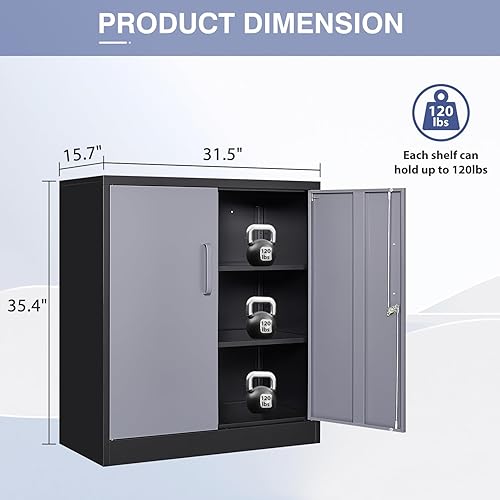 Miniatura 3 de Gabinete de almacenamiento de herramientas de metal con puertas y estantes ajustables, gabinete de acero con cerradura para garaje, hogar, oficina y