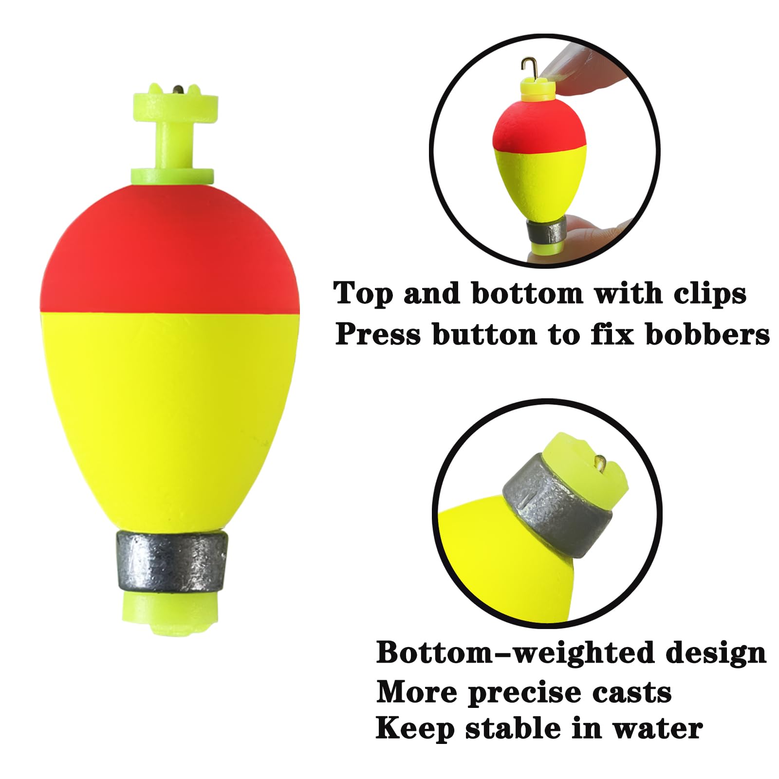 Bombite Fishing Bobbers Floats,10 Packs Weighted Bobbers for Fishing Foam Snap-on Fishing Floats Ball Oval Slip Bobbers for Fishing Bluegill Crappie Panfish Bass Trout Oval-Shape 1.2 in