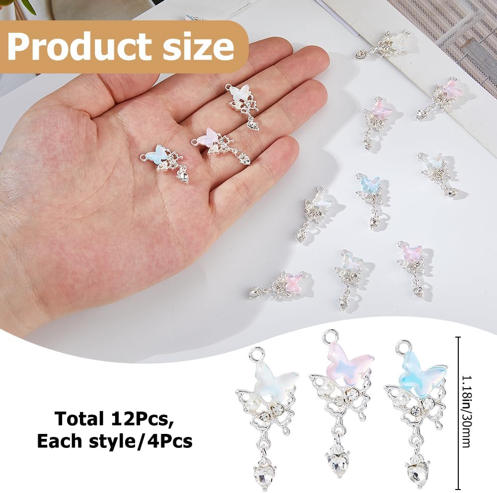 12Pcs Crystal Glass Dangle Pendants 4 Colors Butterfly Alloy Charms Silver Tone Glass Butterfly Heart Charms for Jewelry Necklace Bracelets Earrings Making DIY Crafts - Image 2