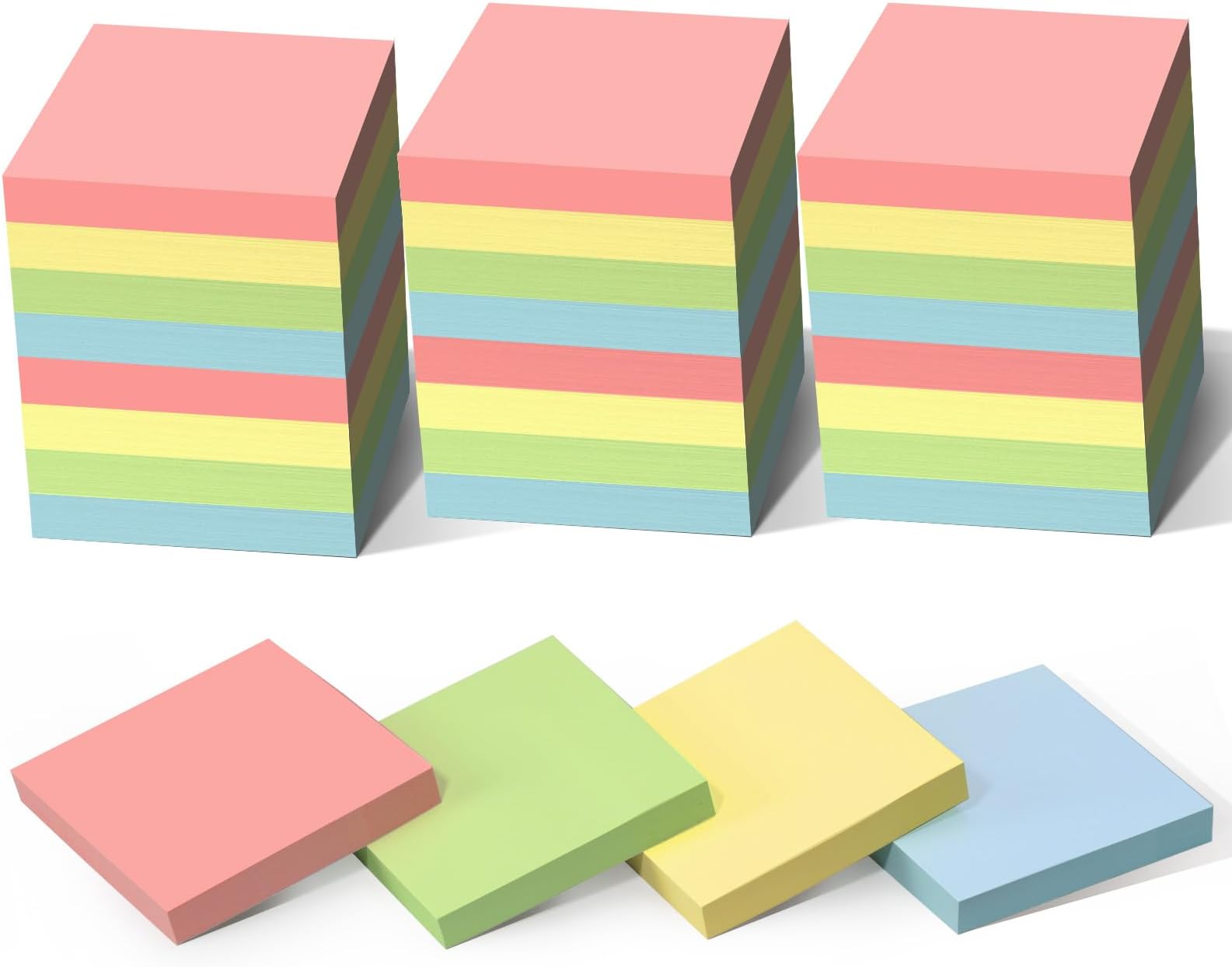 HappyHapi 28 Pack 2800 Sheets Sticky Notes 3x3 Inch100 Sheets/Pad, 4 Soft Colors (Yellow, Green, Pink, Blue) Light Colored Self-Stick Pads, Bulk Office Supplies for Work, School & Home