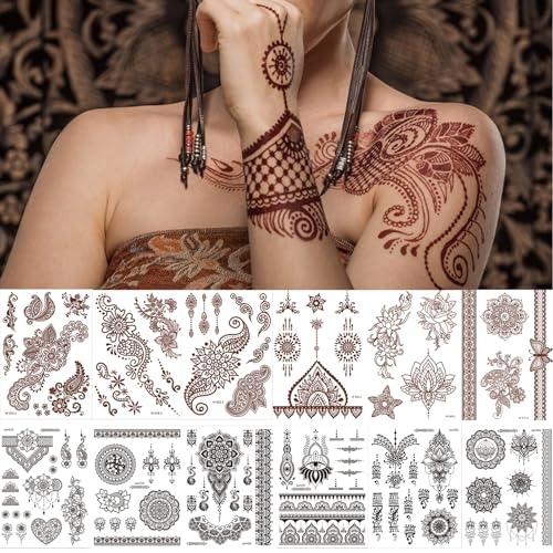 Temporary Tattoos Brown Black,12 sheets Waterproof Long-lasting Fake Tattoos Stickers Kit Semi-permanent Transfer Tattoo Stickers,Neck Hand Body Tattoo Stickers For Holiday Parties Adults Kids