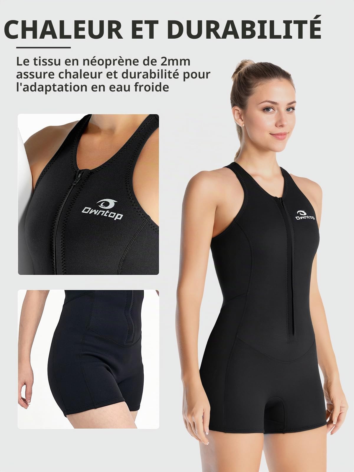 Owntop Combinaison shorty en néoprène de 2 mm pour femme, fermeture éclair à l'avant, pour la plongée, le surf, sans manches, extensible, en néoprène, pour sports nautiques