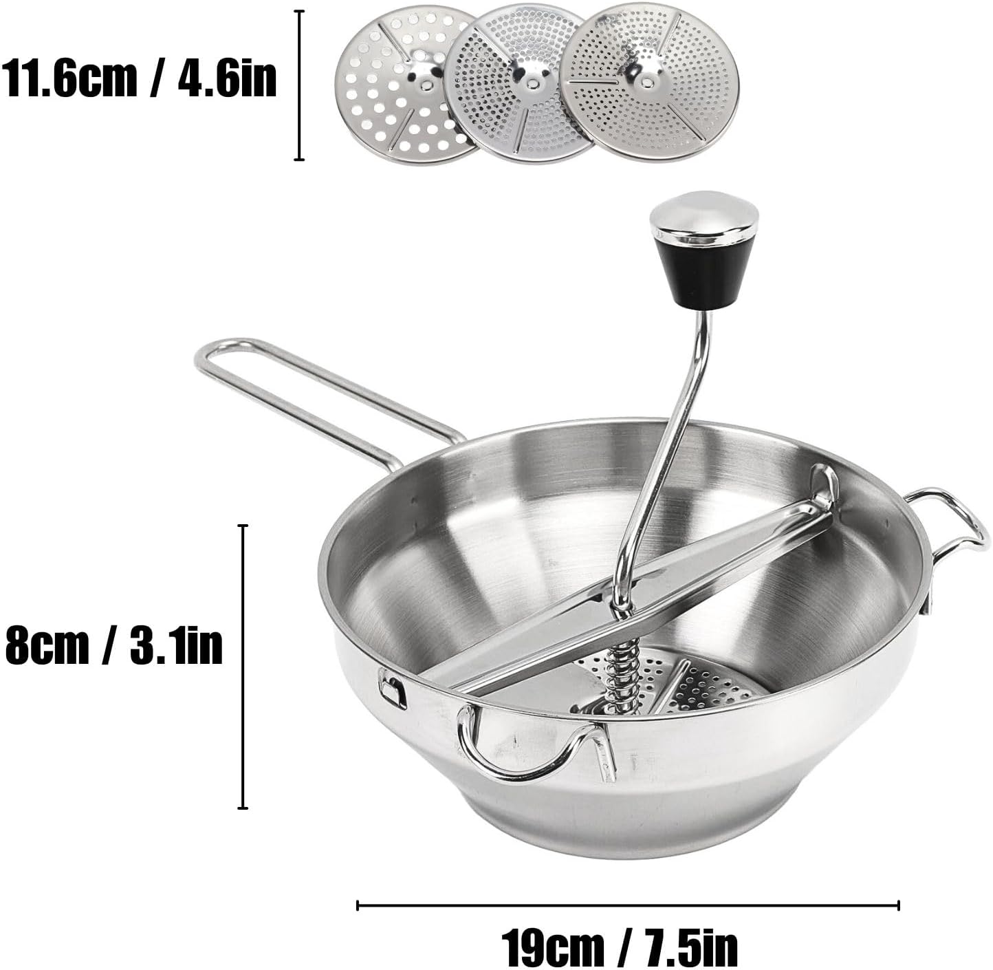 Potato Masher Stainless Steel Food Mill Manual Jams Masher Vegetable Fruit Potato Garlic Mill Grinder Mud Press for Kitchen Cooking Tomato Sauce Making