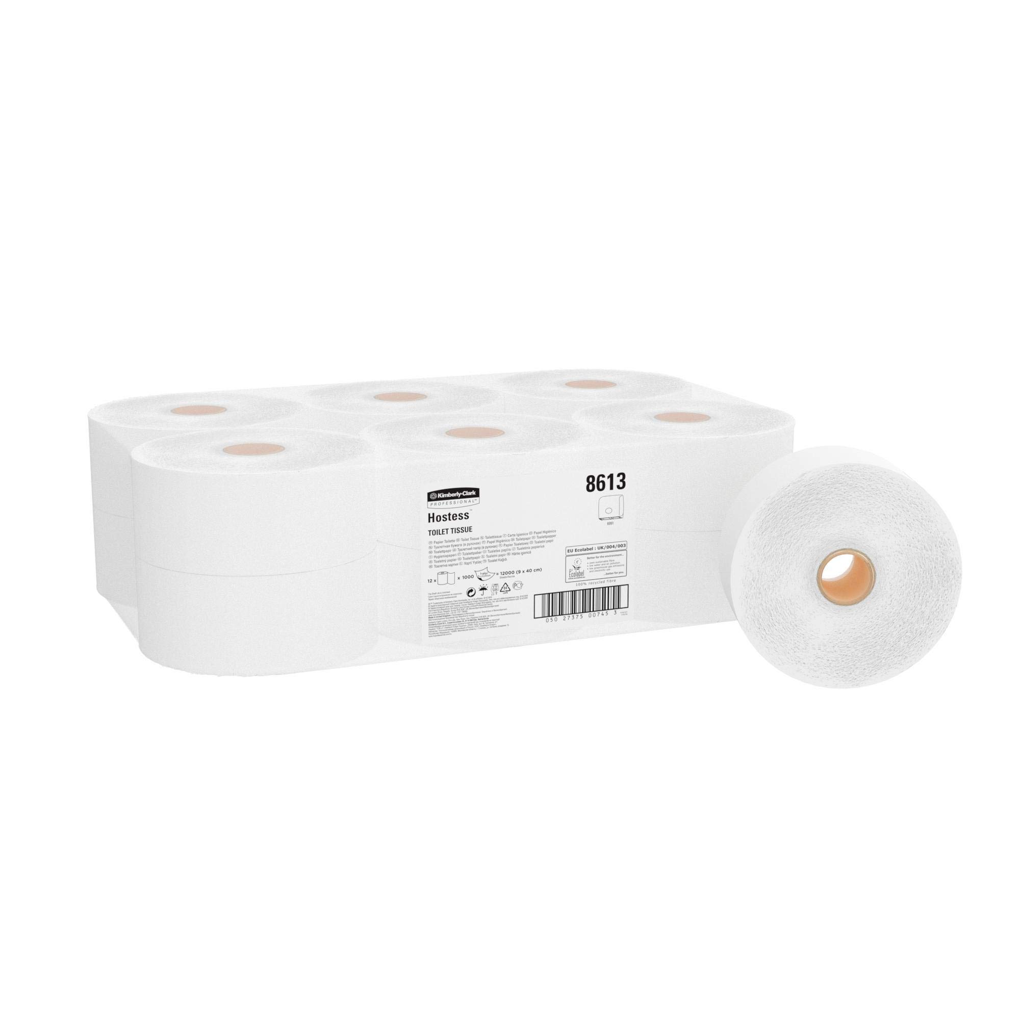 Hostess 8613 Maxi Rotolo di Carta Igienica a 1 Velo, 12 Rotoli x 1000 Fogli, Bianco