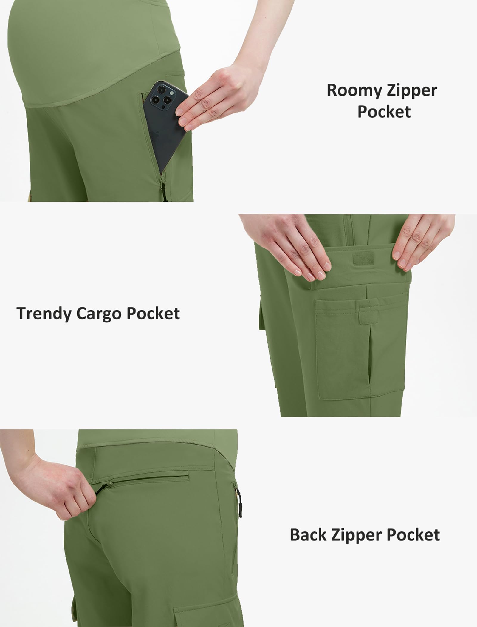EXARUS Vêtements Grossesse, Pantalon Cargo de Maternité sur le Ventre, Pantalon de Jogging, Pantalon de Survêtement, Pantalon de Randonnée à Séchage Rapide avec Poches Zippées, Vert, Taille XL