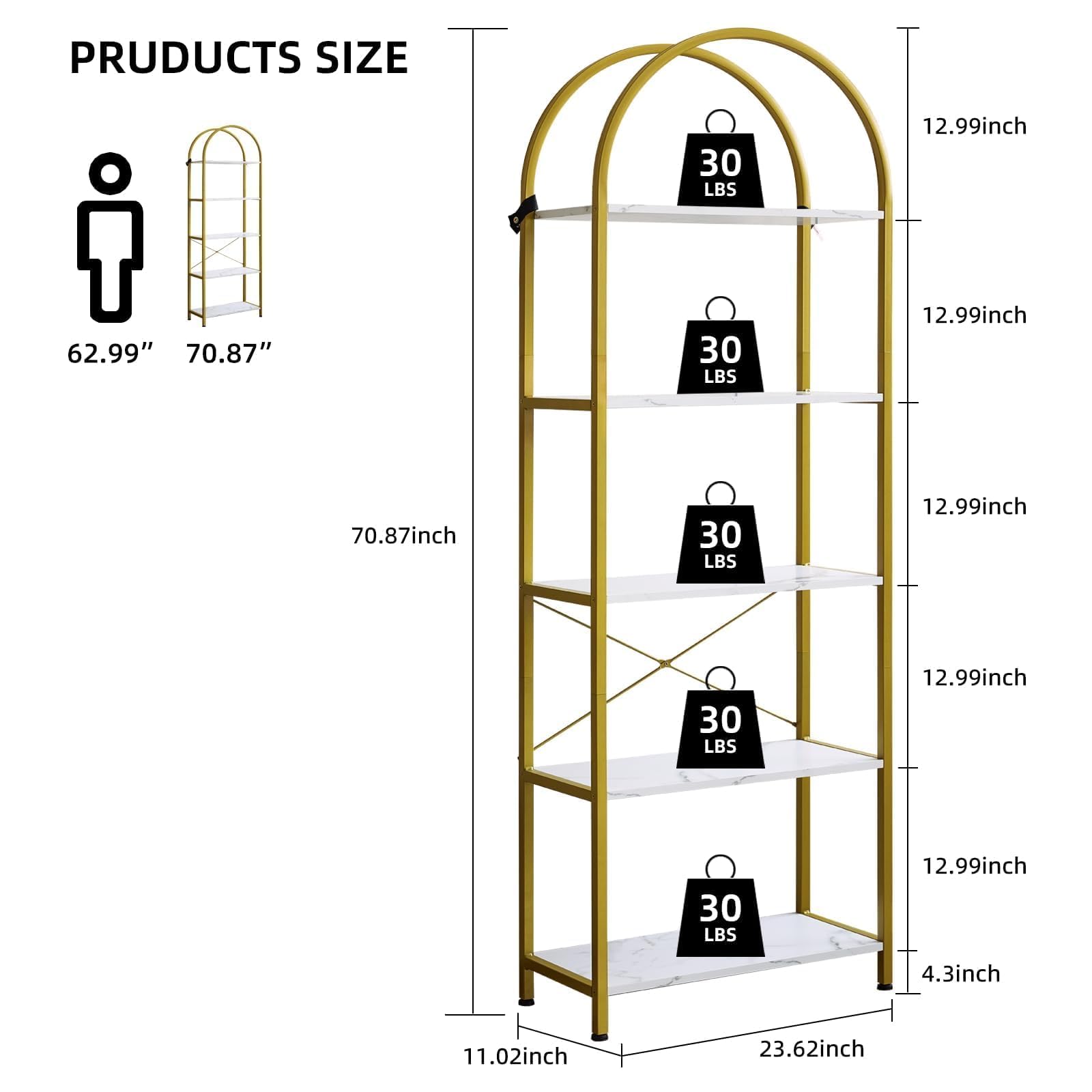 Zstar Estantería Arqueada De 5 Niveles, Estantería Alta con Estructura De Metal, Moderna Estantería Abierta para Dormitorio, Sala De Estar y Oficina En Casa.