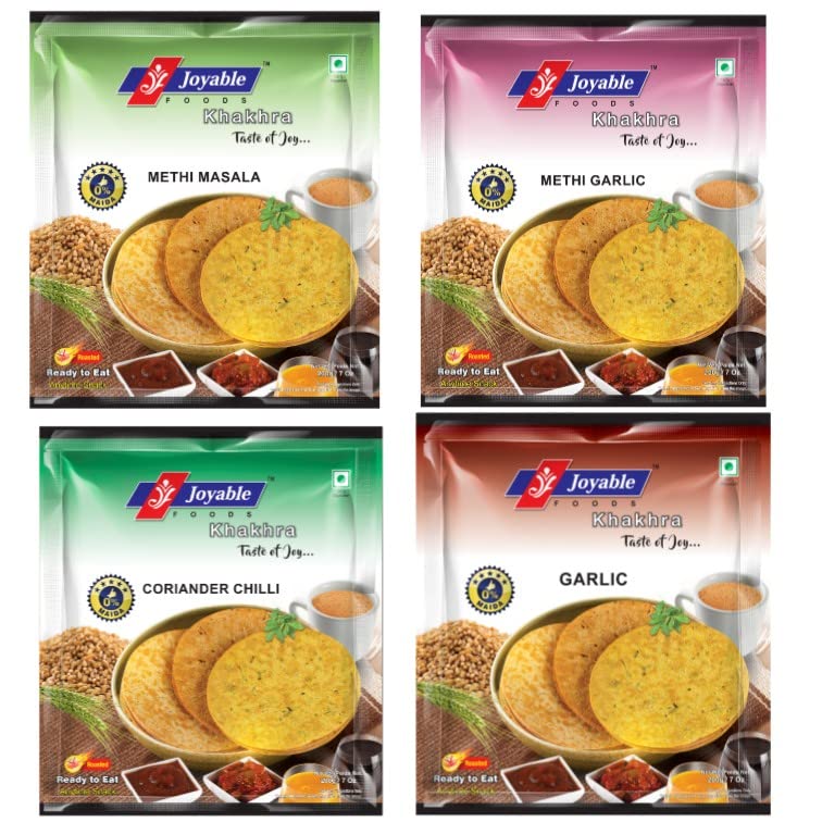 Joyable Khakhra (Methi Masala, Garlic Methi, Coriander Chilly, Garlic) | 4 Flavor Combo Of Gujarati Traditional Snacks | Ready To Eat - 720 Gms (4 Packets x 180 Gms Each) (B07XXCZHP1) Amazon Price History, Amazon Price Tracker