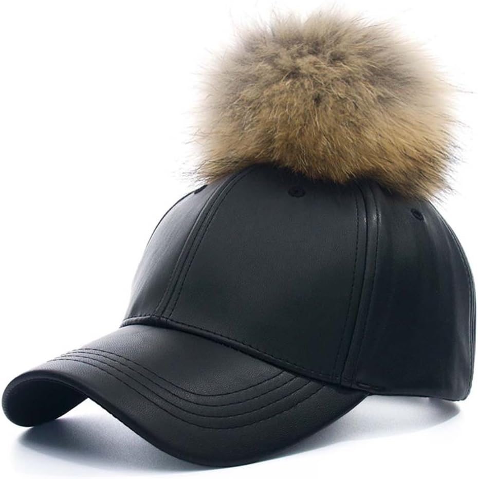 Crazyhat Women's Faux Leather Pom Pom Baseball Cap Adjustable Leather Hat (Black)