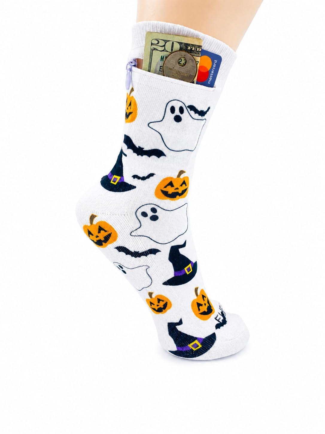 Zipper Sock Wallet - Cotton &amp; Polyester Zipper Socks with Pockets - Fits shoe size 6-13