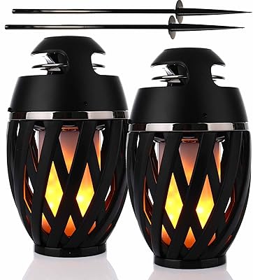 Gabba Goods 2-Pack Tiki Surround Sound LED Flame Bluetooth Speakers with Poles - Waterproof, Weatherproof, Rechargeable, Perfect for Camping, Patio, Pool, Yard, BBQ, and Halloween Decorations