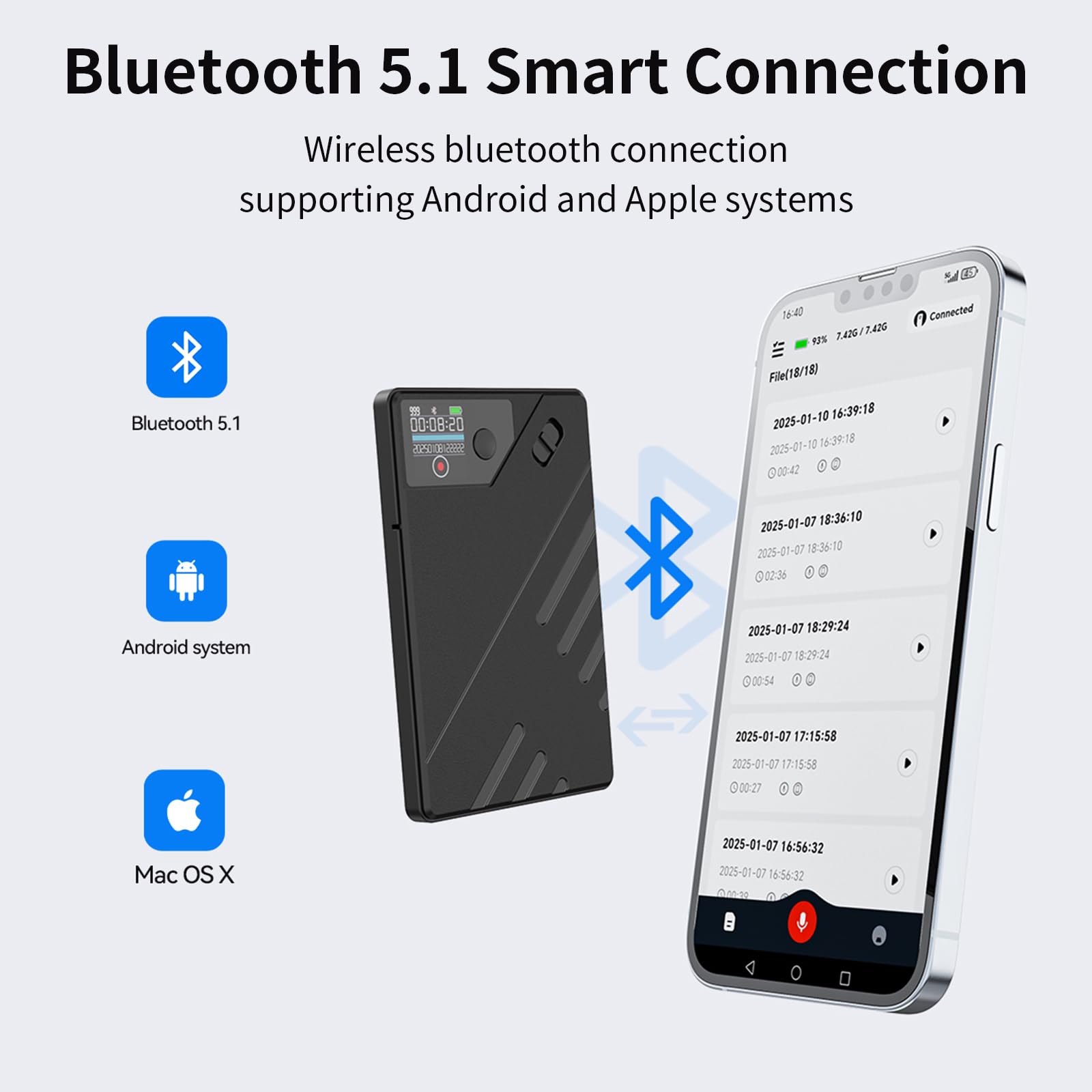 KI Digitales Diktiergerät, 64GB Speicher Aufnahmegerä mit ChatGPT 40 vom Transkribieren und Zusammenfassen für 93 Sprachen,One Touch Aufnahme,Voice Recorder Sprachrecorder für Vortrag, Meetings,Anruf
