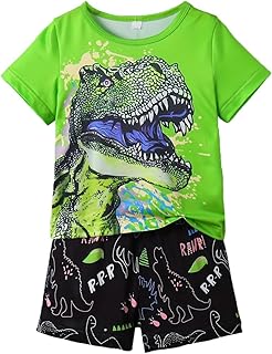 Juego de traje para niños, camiseta y pantalones cortos, dos piezas, manga corta, texto RAWR, traje de ocio, ropa deportiva para niños, ropa de guardería, ropa escolar, diseño de animales